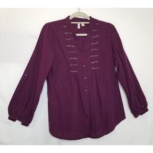 St John's Bay Purple Career Casual Button Up Long Sleeve Front Pleats Top Sz M
